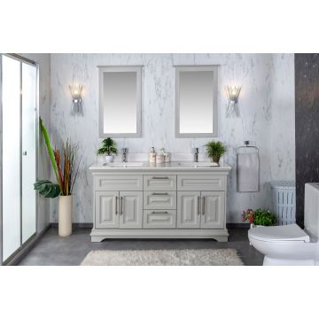 Jussara Ensemble de meubles de salle de bain | 3 pièces | 100% bois massif | Comptoir en quartz blanc