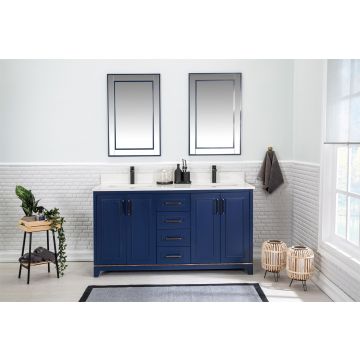 Jussara" Ensemble de meubles de salle de bains | Bois massif | Comptoir en quartz | Bleu foncé