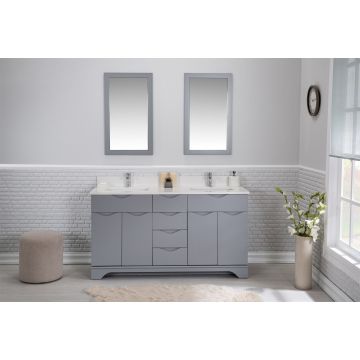 Jussara Ensemble de meubles de salle de bain - 3 pièces | 100% bois massif | Comptoir en quartz blanc | Couleur grise