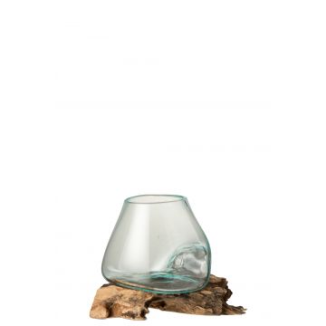 Vase sur pied gamal bois/verre recyclé naturel/transparent large