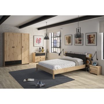 Chambre d'ado Liam: lit 120x200 avec tête de lit, chevet, commode, armoire - artisan chêne