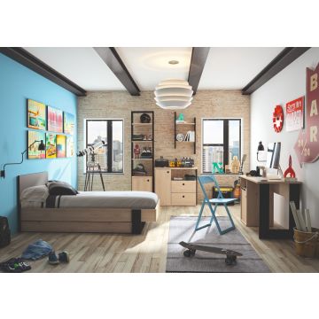 Chambre d'enfant Dean : lit 90x200cm avec tiroir, étagère, commode, bureau, étagère murale - châtaigne/noir