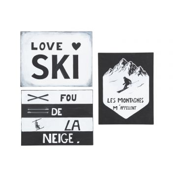 Pancarte texte+illustration ski metal blanc/noir assortiment de 3