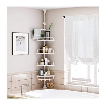 Etagère d'angle réglable pour salle de bains, 95-300 cm, 4 plateaux, 3 crochets, 1 porte-serviettes