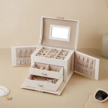 Boîte à bijoux de voyage à 3 niveaux, organisateur verrouillable avec miroir, blanc