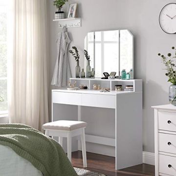 Coiffeuse blanche de style moderne avec 2 tiroirs, miroir triplé