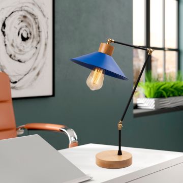 Lampe de table contemporaine bleue | Corps en métal, base en bois | 24cm de diamètre, 52cm de hauteur