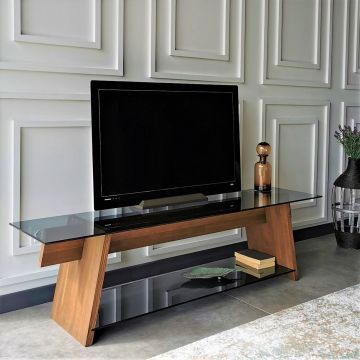 Locelso TV Stand | 100% Tempered Glass | Solid Pine Frame | Walnut Black