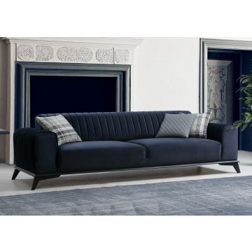 Canapé-lit 3 places" | Confort et design unique | Structure en bois de hêtre et aggloméré | Tissu 100% polyester | Bleu marine