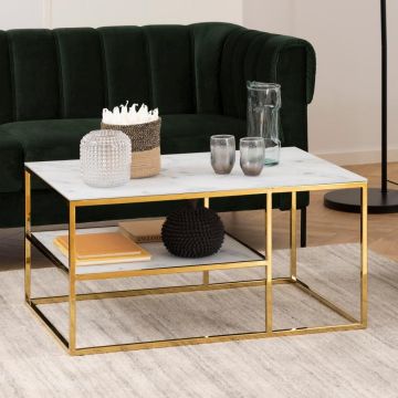 Table basse Alisma 90x60cm 1 étagère - marbre blanc/ doré