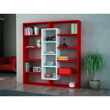 Bibliothèque d'art en bois | 100% mélaminé | 18 mm d'épaisseur | 125 cm de largeur, 135 cm de hauteur | Couleur rouge blanc