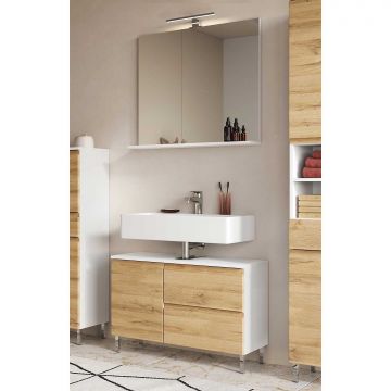 Ensemble de salle de bain Torres | Meuble lavabo et miroir mural avec éclairage | Décor chêne