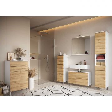 Ensemble de salle de bain Torres | Meuble lavabo, miroir mural avec éclairage, meuble colonne, meuble latéral et meuble multifonctions | Décor chêne