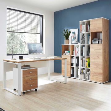 Ensemble de bureau polyvalent Lloris | Table de bureau, commode, petit et grand classeur | Marron-blanc