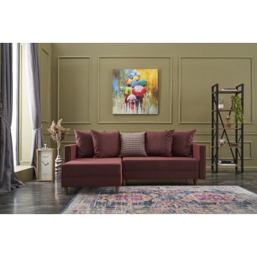 Canapé-lit d'angle confortable - Cadre en bois de hêtre - Tissu 100% polyester - Rouge bordeaux
