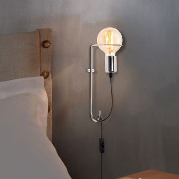 Opviq Wall Lamp | Metal Body | 9x15cm | 30cm Height | On/Off Switch | 100cm Cable | E27 Max 40W | IP20 | Chrome