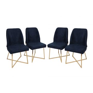Vella Chair Set 4pc | Metal Frame | Velvet/Faux Leather | Gold Dark Blue