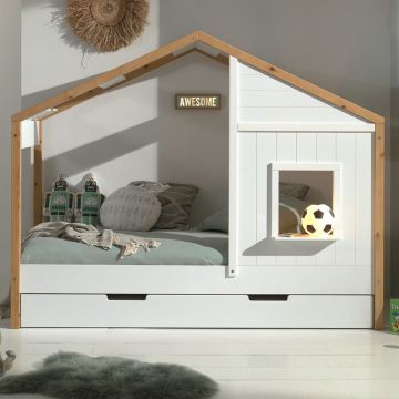 Lit maison Bambino 90x200 avec tiroir de lit MDF - blanc/pin 