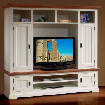 Meuble TV Carzo 202cm, 4 portes - décor chêne havane/blanc