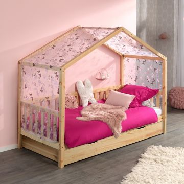 Lit cabane Dallas 2 90x200, tiroir de lit & voile avec dessin de papillons - bois pin/rose
