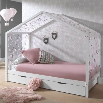 Lit cabane Dallas 3 90x200, tiroir de lit & voile avec dessin de papillons - blanc/rose