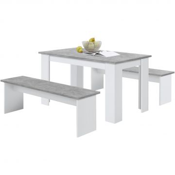 Ensemble table + 2 bancs Mundo - béton/blanc