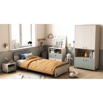 Chambre d'enfant Ilyas: lit 90x190/200cm, armoire, chevet, commode - chêne/gris-vert