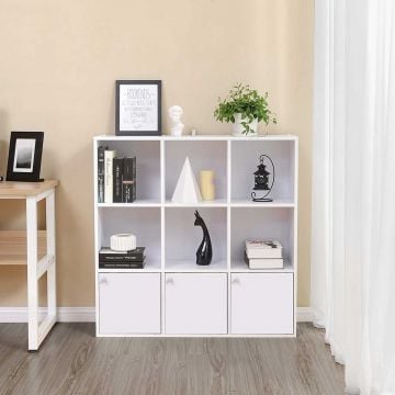 Bibliothèque de rangement en bois blanc, 3 armoires, étagère autoportante