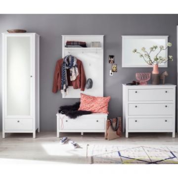 Armoire combinée Ole | Panneau, banc, miroir, tiroir et meuble de rangement | Blanc