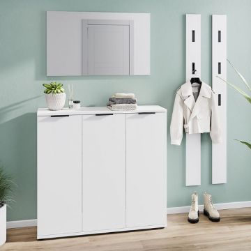 Ensemble armoire Willian | Armoire, miroir mural et deux porte-manteaux muraux | Blanc