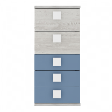 Commode Bo0 98 cm avec 5 tiroirs et poignées carrées - pin/bleu