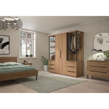 Chambre à coucher Lucian | Lit double, table de chevet, commode, armoire et étagère | Helvezia Oak design