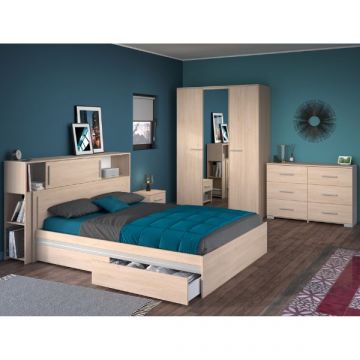 Ensemble de chambre à coucher Ekko | Lit Queen, tête de lit avec rangement, table de chevet, armoire, commode | Design en chêne