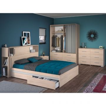 Ensemble de chambre à coucher Ekko | Lit Queen, tête de lit avec rangement, table de chevet, armoire, commode | Design en chêne