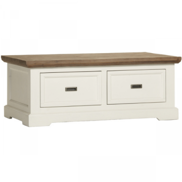 Table basse Carzo 120x70cm, 2 tiroirs - décor chêne havane/blanc