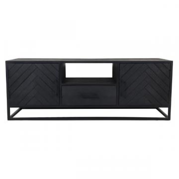 Meuble TV Verona 180cm 2 portes & 1 tiroir bois de manguier motif à chevrons- noir