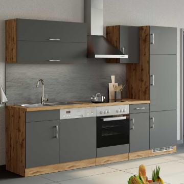 Kitchenette Sorrella 270cm avec espace pour four, lave-vaisselle et réfrigérateur - anthracite/chêne