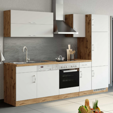 Kitchenette Sorrella 270cm avec espace pour four, lave-vaisselle et réfrigérateur - blanc/chêne