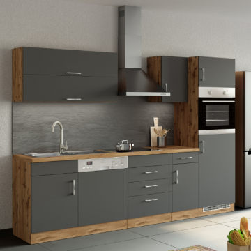 Kitchenette Sorrella 270cm avec espace pour lave-vaisselle, four et réfrigérateur - anthracite/chêne