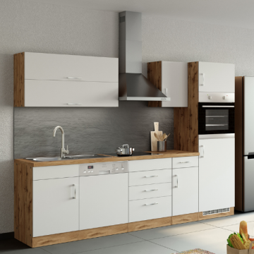 Kitchenette Sorrella 270cm avec espace pour lave-vaisselle, four et réfrigérateur - blanc/chêne