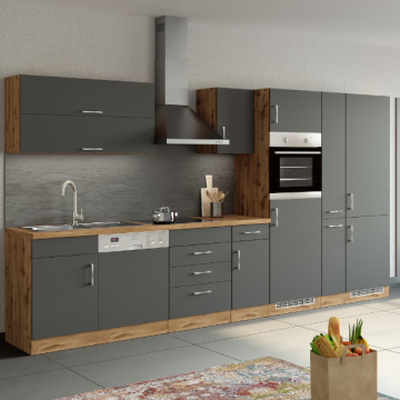 Elément de cuisine Sorrella 360cm avec espace pour lave-vaisselle, four, réfrigérateur et congélateur - anthracite/chêne