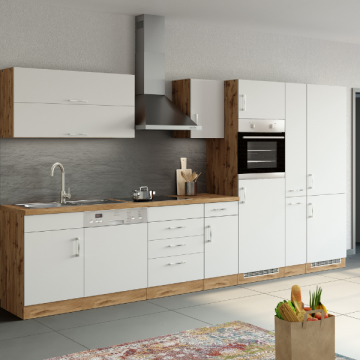 Elément de cuisine Sorrella 360cm avec espace pour lave-vaisselle, four, réfrigérateur et congélateur - blanc/chêne