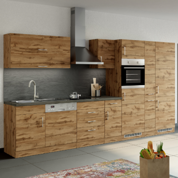 Elément de cuisine Sorrella 360cm avec espace pour lave-vaisselle, four, réfrigérateur et congélateur - chêne