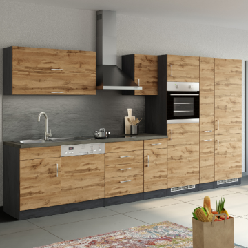 Elément de cuisine Sorrella 360cm avec espace pour lave-vaisselle, four, réfrigérateur et congélateur - chêne/graphite