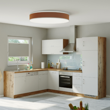 Kitchenette forme L Sorrella 270cm avec espace pour four, lave-vaisselle et réfrigérateur - blanc/chêne