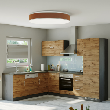 Kitchenette forme L Sorrella 270cm avec espace pour four, lave-vaisselle et réfrigérateur - chêne/graphite