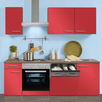 Kitchenette Bistrot 210 cm avec espace pour lave-vaisselle et cuisinière encastrée avec four-rouge brillant/chêne trufflé