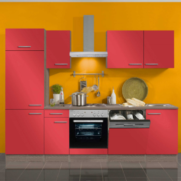 Kitchenette Bistrot 270 cm avec espace pour cuisinière avec four, lave-vaisselle et réfrigérateur avec compartiment congélateur-rouge brillant/chêne trufflé