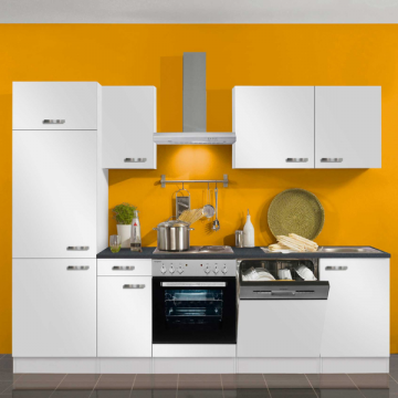 Kitchenette Bistrot 270 cm avec espace pour cuisinière avec four, lave-vaisselle et réfrigérateur avec compartiment congélateur-blanc brillant
