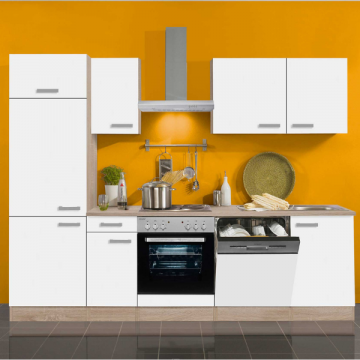 Kitchenette Bistrot 270 cm avec espace pour cuisinière avec four, lave-vaisselle et réfrigérateur avec compartiment congélateur-blanc/chêne clair